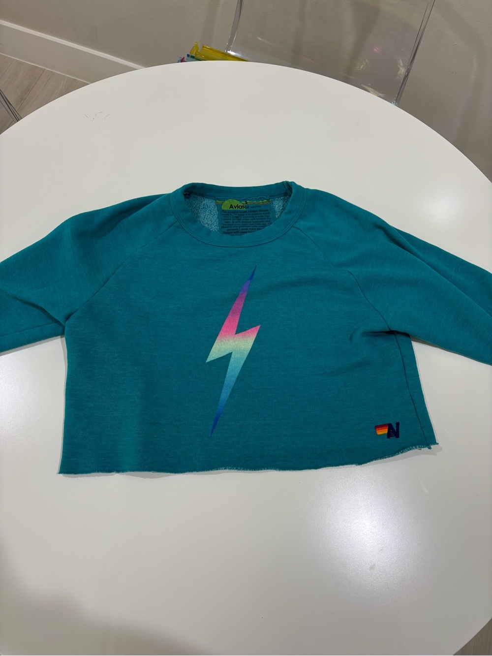 Aviator Nation Teal Cropped Lightning Bolt Sweatshirt